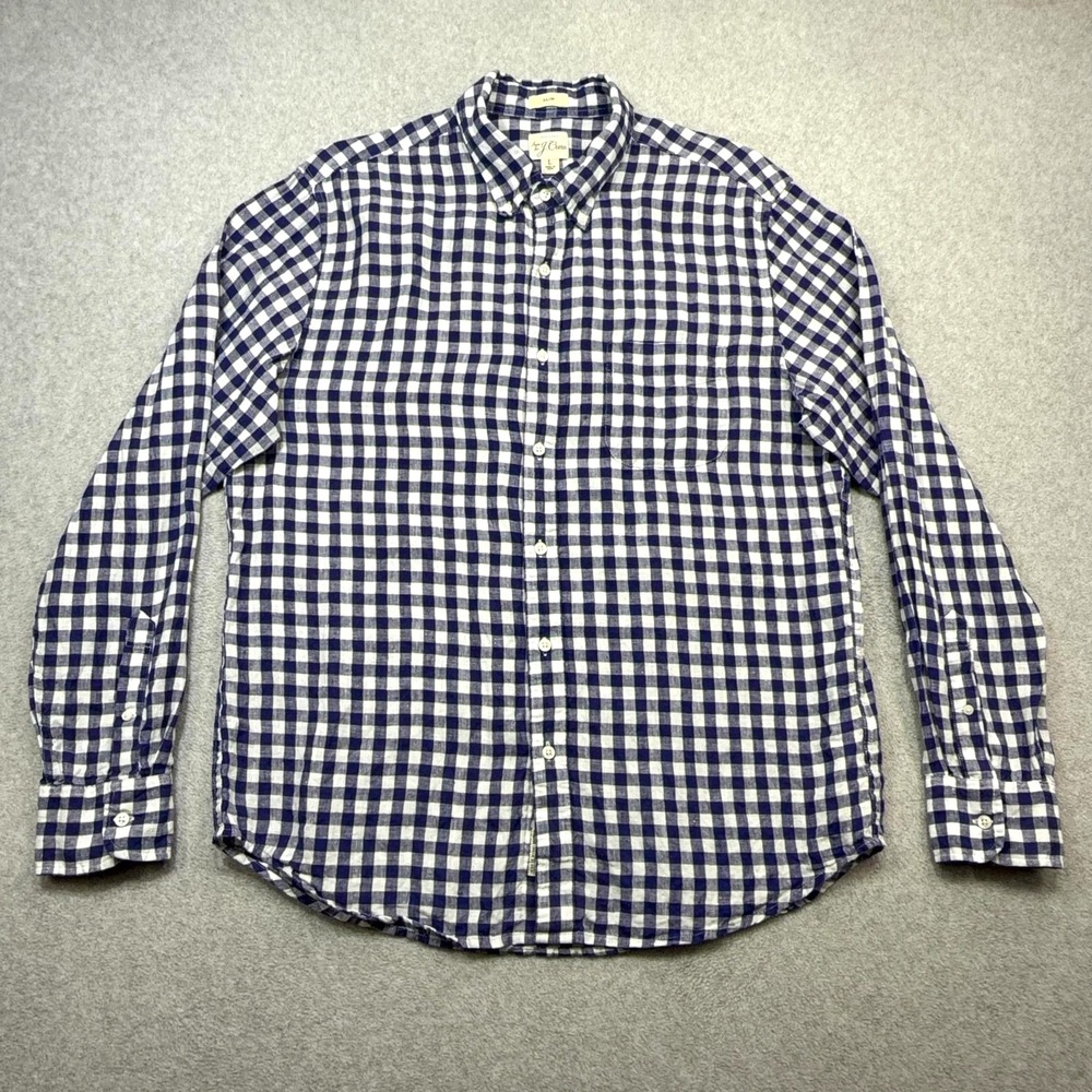 J Crew Baird McNutt Irish Linen Shirt Mens Large Blue Check Slim Fit Outdoor
